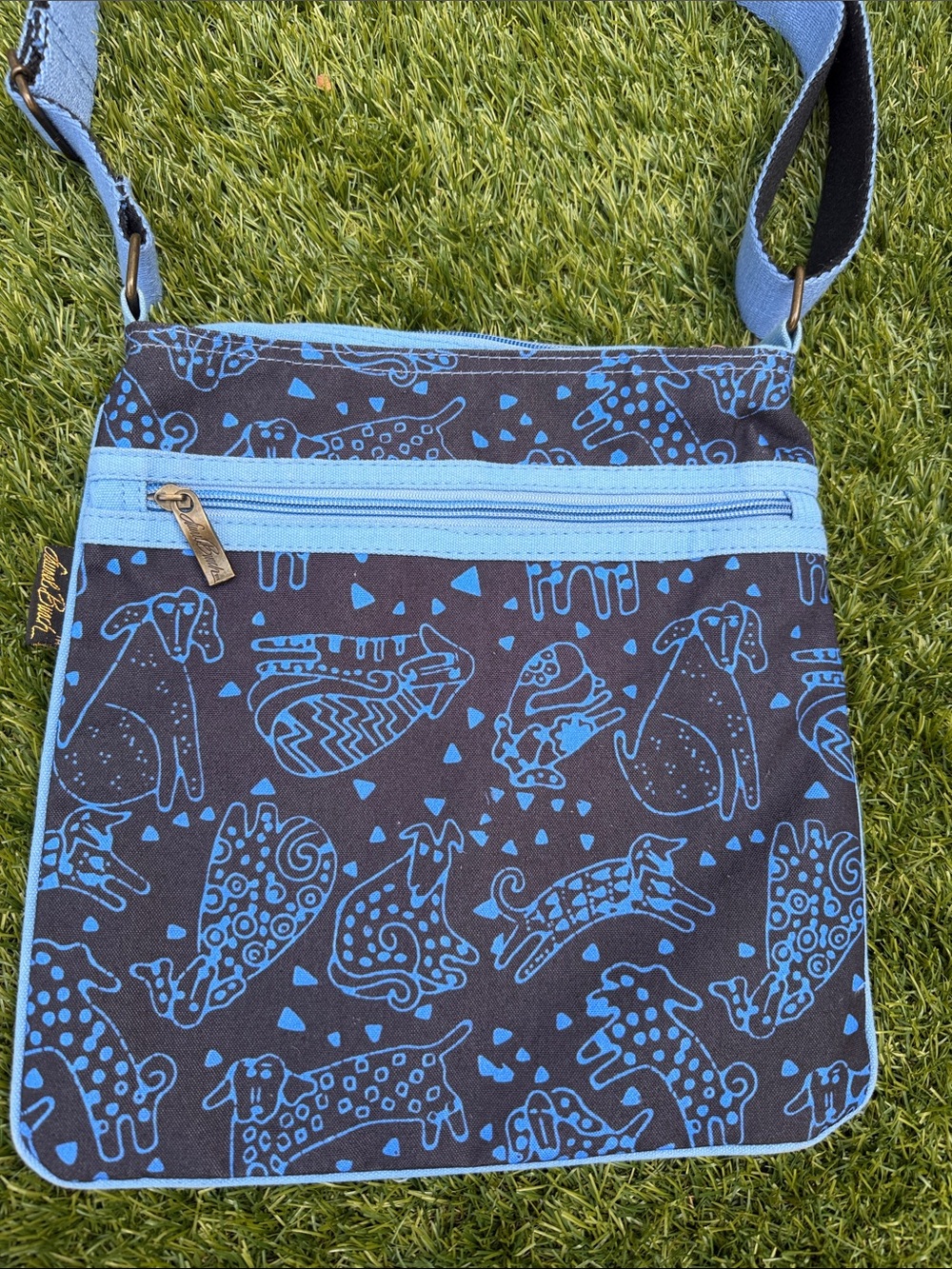 Laurel Burch Blue Dog Print Crossbody Shoulder Bag Canvas Adjustable Strap